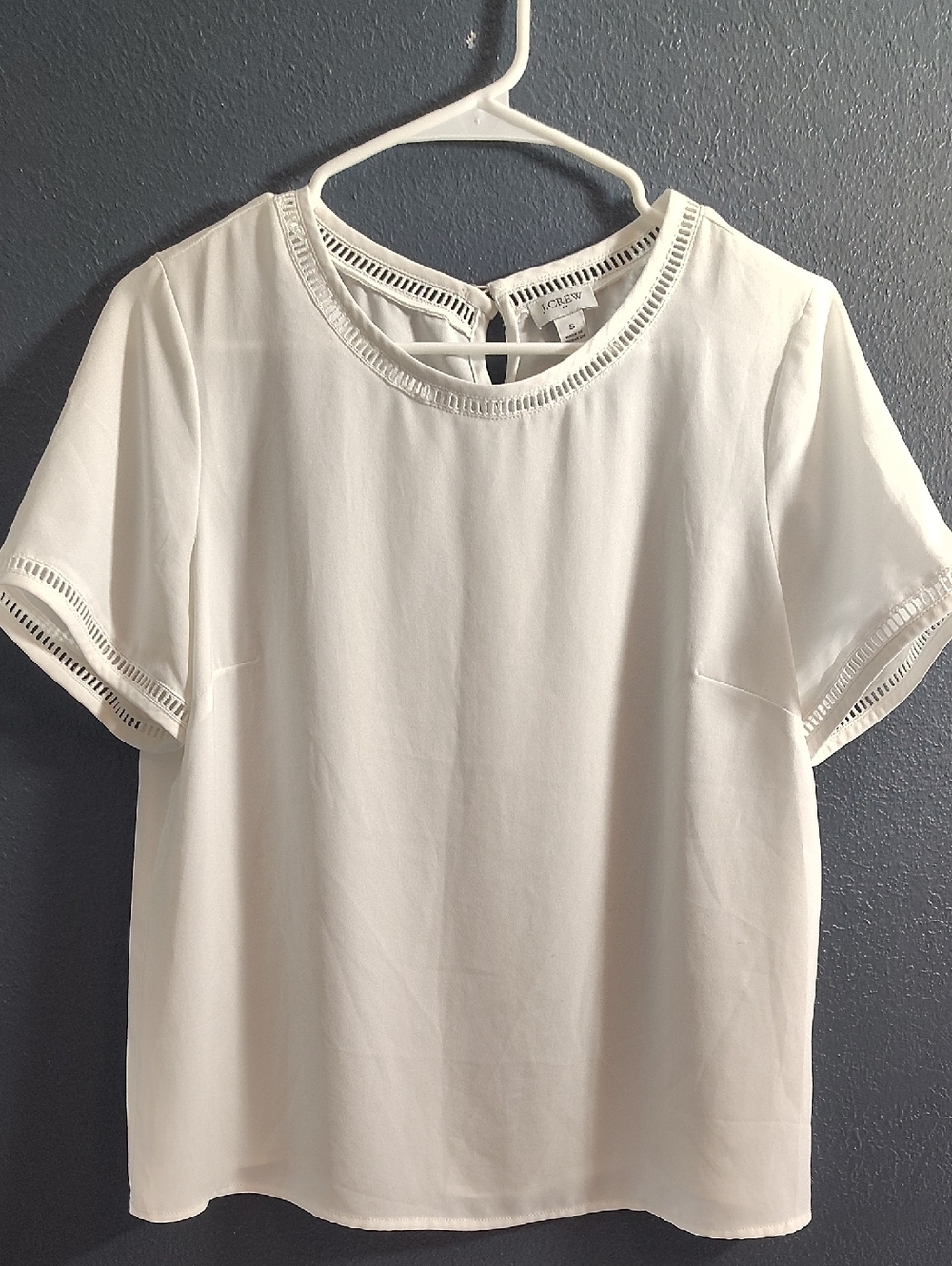 J. Crew Elegant Flowy White Short-Sleeve Blouse with Eyelet Trim